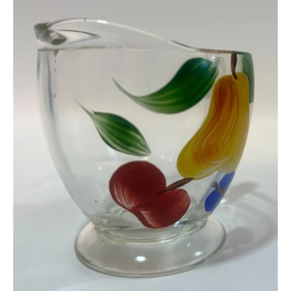 Vtg Hand Painted Glass Creamer Pear Plum Apple‎ colorful grannycore replacement
